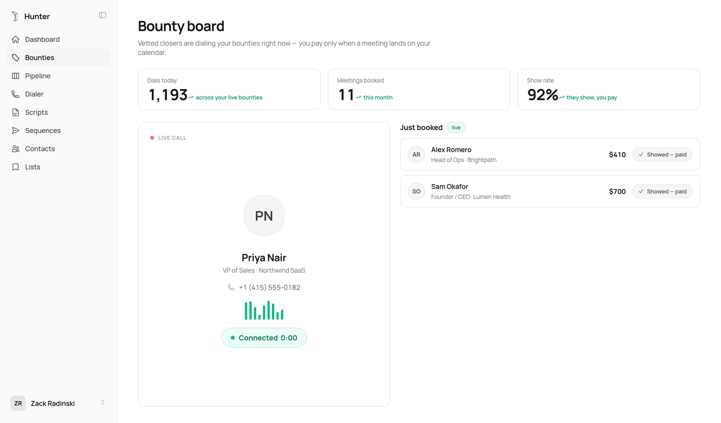 The Hunter bounty board — closers dialing bounties live, meetings booking in real time, paid on show